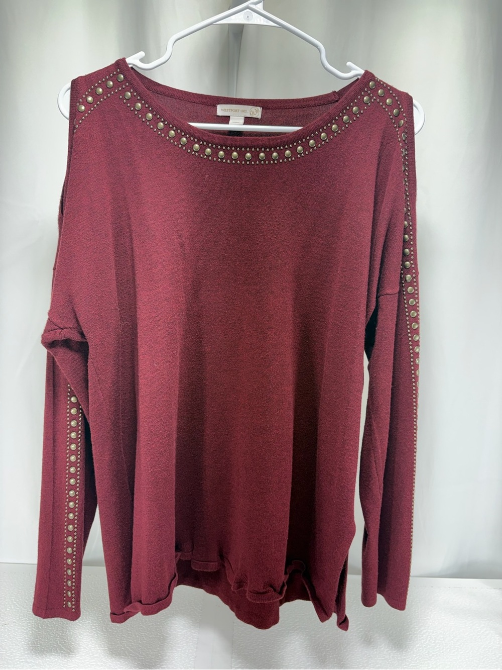 Westport Maroon Cold-Shoulder Studded Pullover 4587